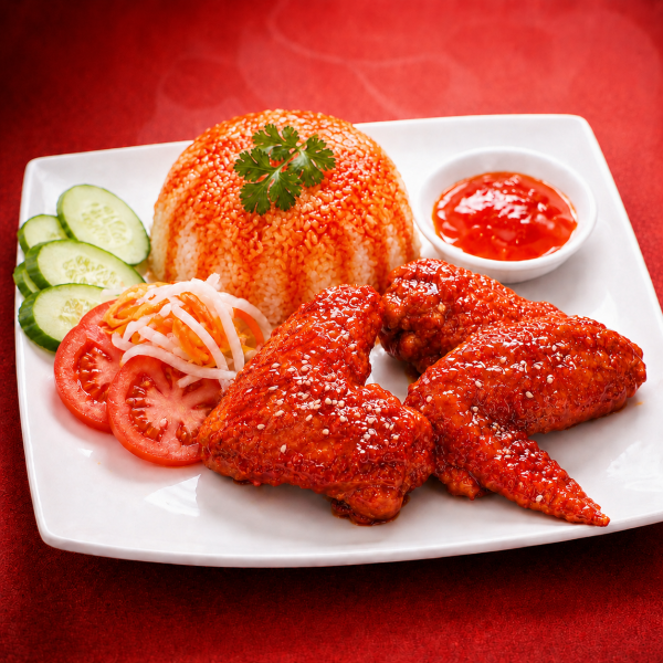 Cơm Cánh Gà Tươi Sốt Cay tại Mì Cay Quốc Dân với cơm trắng, cánh gà mềm ngọt phủ sốt cay đậm vị