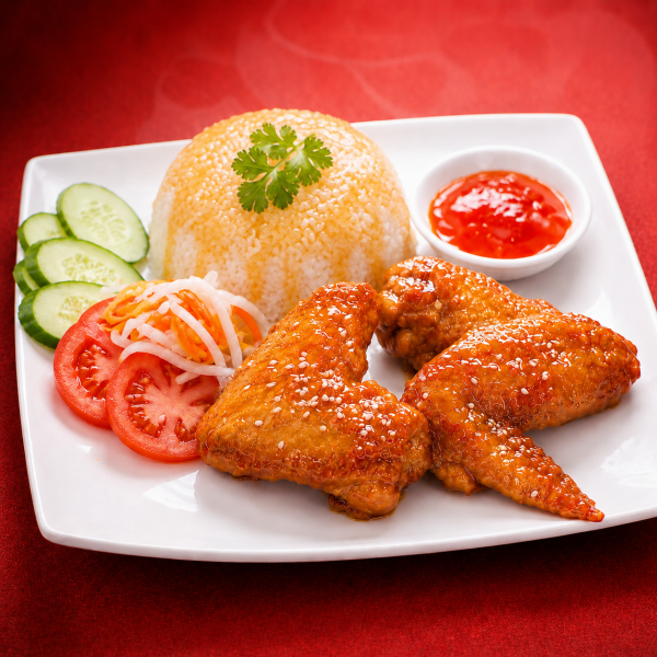Cơm Cánh Gà Tươi Sốt Mật Ong 45K tại Mì Cay Quốc Dân với cơm trắng, cánh gà mềm ngọt phủ sốt mật ong óng nhẹ