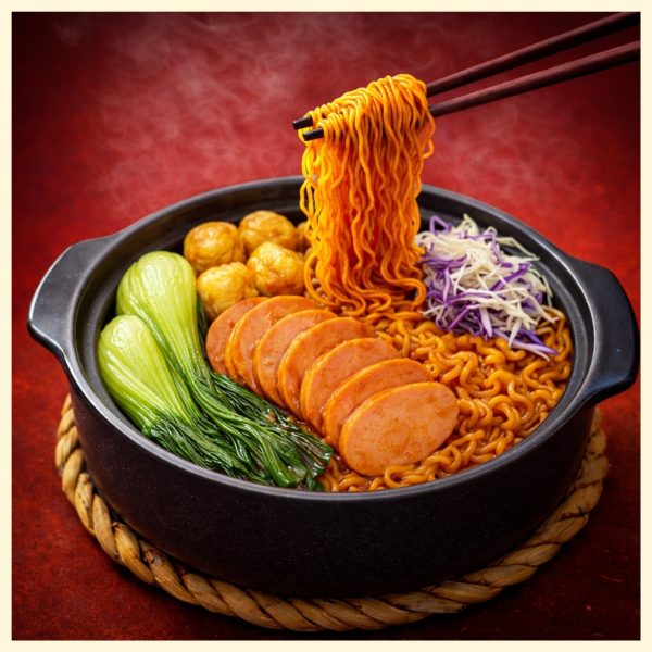 Mì Trộn Xúc Xích 39K tại Mì Cay Quốc Dân với xúc xích, mọc viên, chả cá, nấm kim châm và kimchi