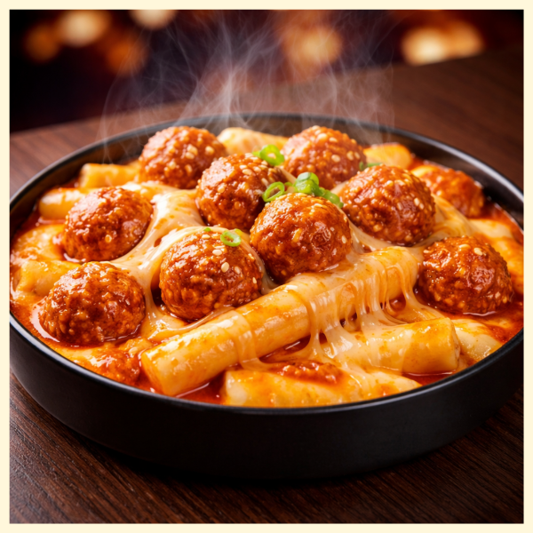 Tokbokki Gà Viên Sốt Cay Phô Mai 49K tại Mì Cay Quốc Dân với bánh gạo dẻo dai, gà viên mềm thơm, sốt cay và phô mai béo ngậy