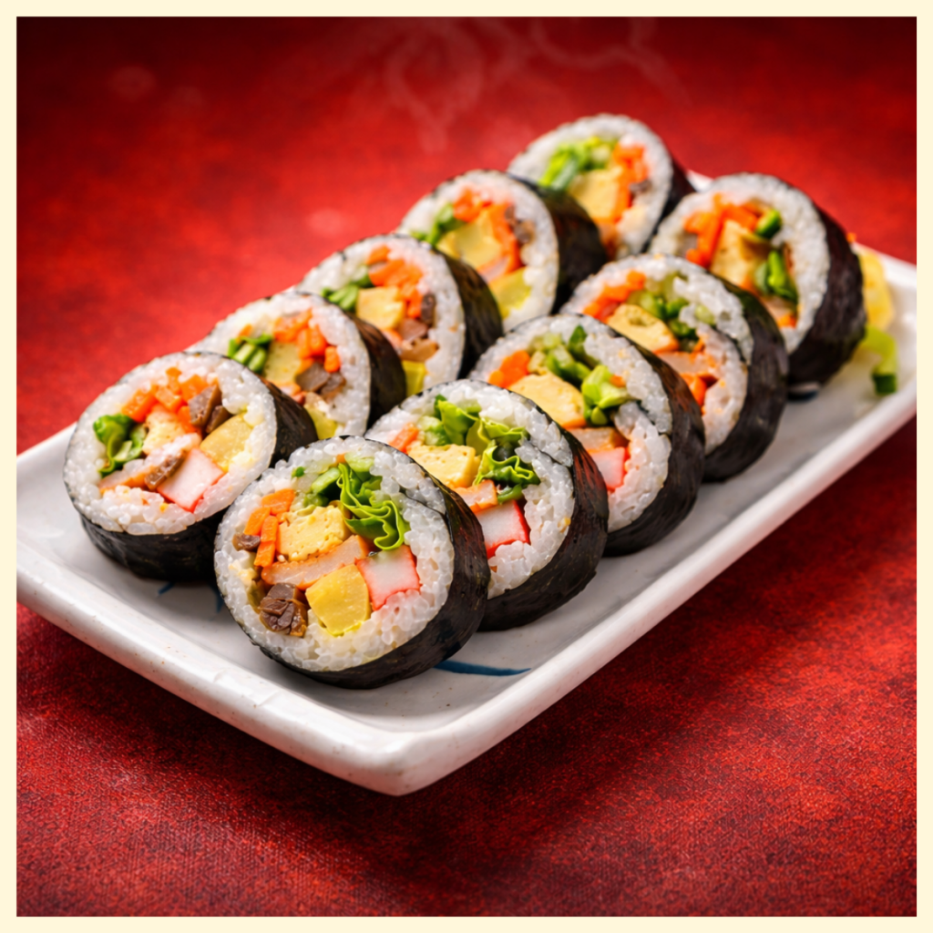 Kimbap Cuộn 20K tại Mì Cay Quốc Dân với cơm cuộn rong biển và phần nhân hài hòa, dễ ăn