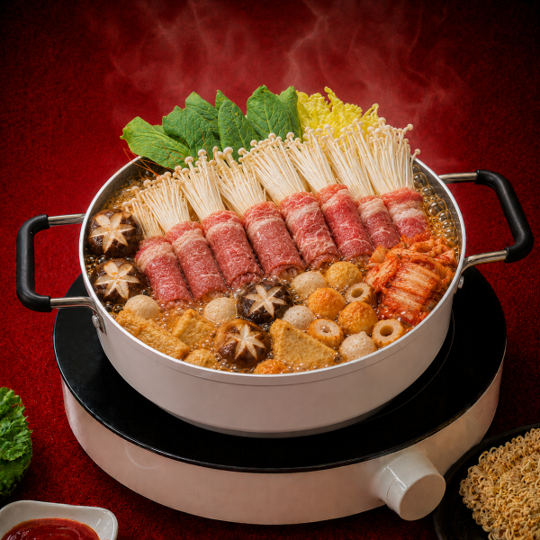 Lẩu Bò Mỹ 259K tại Mì Cay Quốc Dân với bò Mỹ mềm ngọt, nước lẩu cay thơm, rau nấm và topping ăn kèm