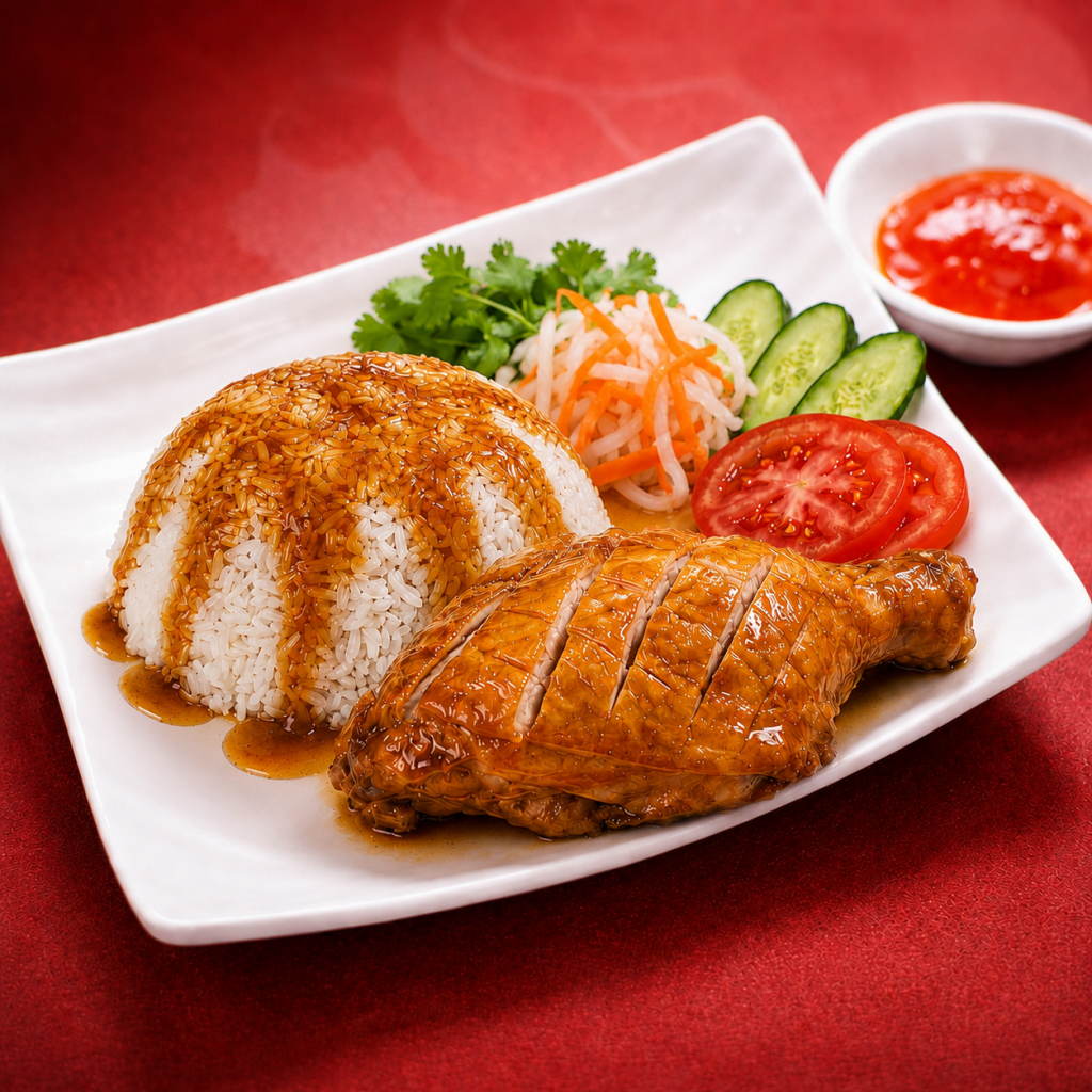 Cơm Đùi Gà Tươi Sốt Mật Ong tại Mì Cay Quốc Dân với cơm trắng, đùi gà mềm ngọt phủ sốt mật ong óng nhẹ