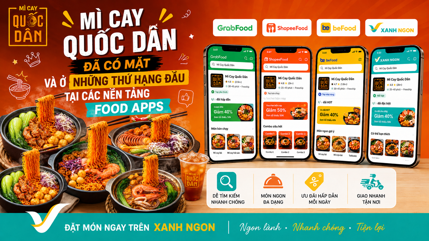 Đặt Mì Cay Quốc Dân trên GrabFood ShopeeFood beFood Xanh Ngon