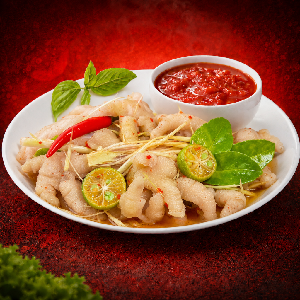 Chân Gà Sả Tắc 39K tại Mì Cay Quốc Dân với chân gà giòn sần sật, sả thơm, tắc chua nhẹ và gia vị chua cay