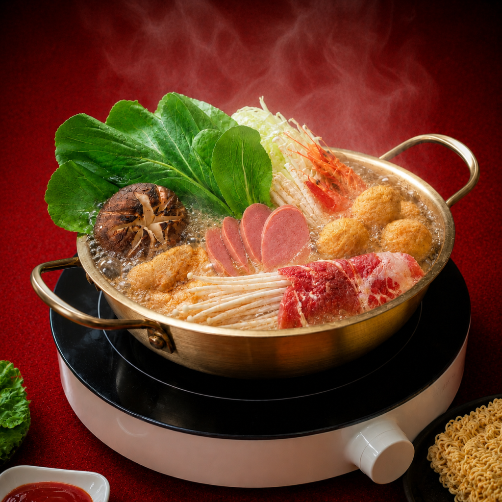 Lẩu Cô Đơn 90K tại Mì Cay Quốc Dân với nước lẩu cay thơm, topping đa dạng, rau nấm ăn kèm dành cho một người